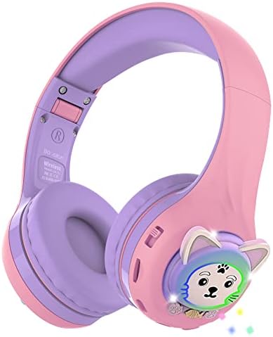 Riwbox Kids Headphones, Baosilon CB-7S Cat Kids Toddler Headphones with LED Light, 75/85/95dB Volume Limited, Kids Wireless Headphones with Mic for School/Tablet/Girls (Purple)