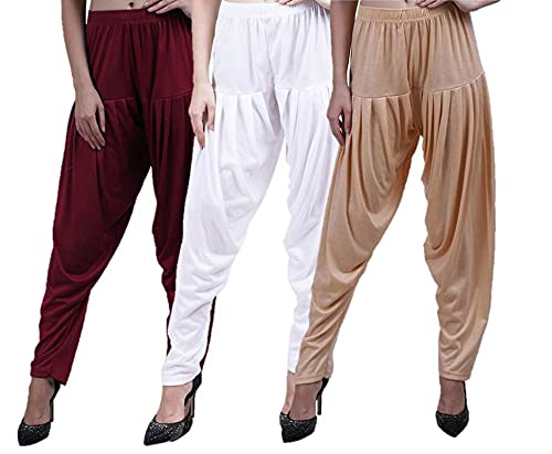 Image of Casuals Women's Regular Fit Viscose Drawstring Patiala Harem Pants Combo Pack 3 (Maroon :: White :: Light Skin,XXL)