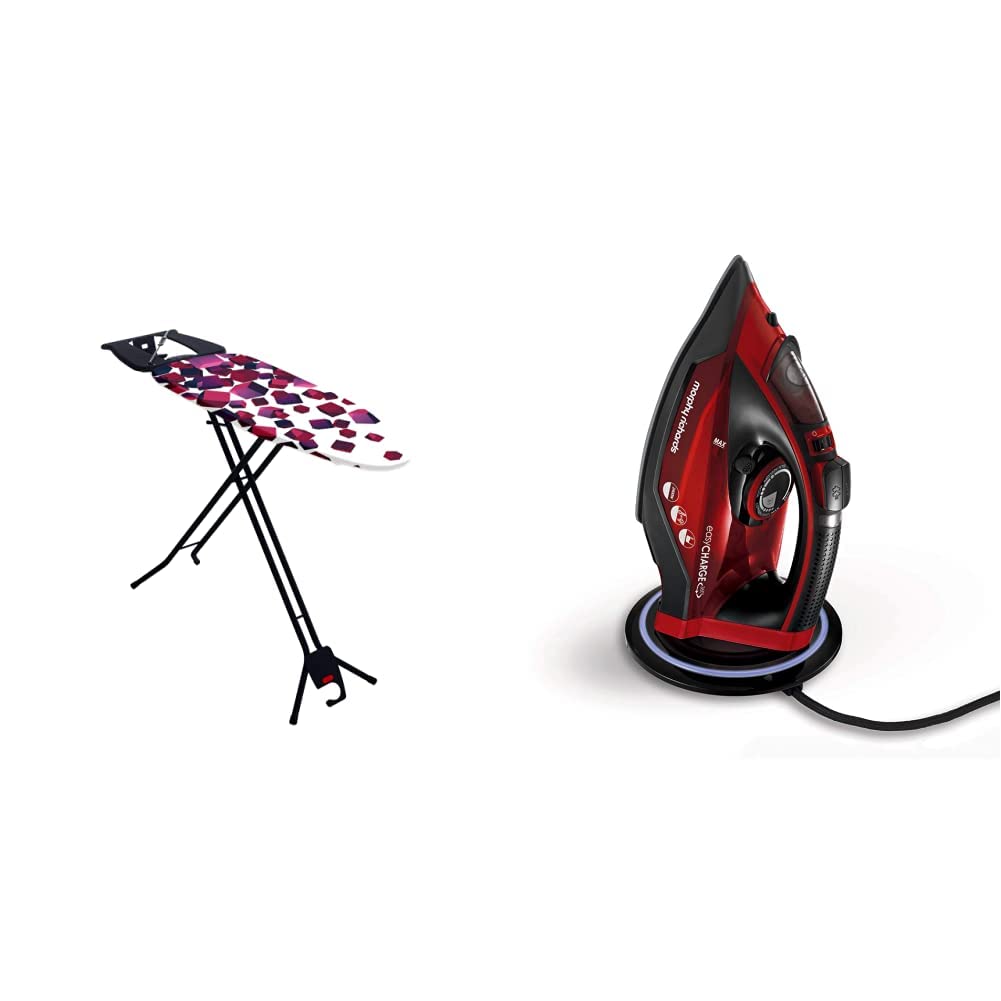 Mabel HomeSpace Saving Ironing Board, Easy Storage, Adjustable Height + Extra Cover, Black, One Size & Morphy Richards 303250 Cordless Steam Iron easyCHARGE 360 Cord-Free, 2400 W, Red/Black