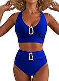 Herseas Women's High Waisted 2 Piece Bikini Sets Crisscross Back Push Up Swim Suits Adjustable Strap Metal Ring Summer Solid Two Piece Bathing Suit Sexy Beach Swimwear Blue Large