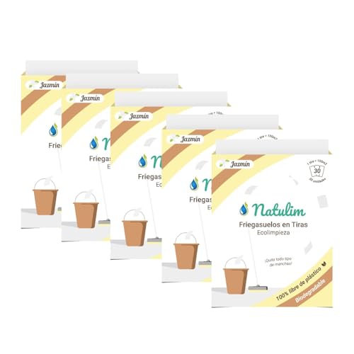 Natulim - Fregasuelos en Tiras Ecológico (30 usos) | Fregasuelos Eco, Limpiapisos, Limpiador de Suelos Eco, Made in Spain - Limpia sin Ensuciar el Planeta (Fragancia Jazmín) - 5 Pack