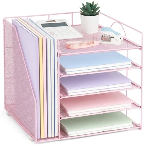 LEKETREE Desk Organizers and Accessories 5-Tier Paper Letter Tray Organizer with File Holder Desktop Organizer for Office Supplies Office Desk Accessories & Workspace (Pink)