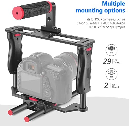 Neewer Aluminum Alloy Camera Video Cage Film Movie Making Kit, with Top Handle, Dual Hand Grip, Two 15mm Rods, Compatible with Canon, Sony, Fujifilm, and Nikon DSLR Camera and Camcorder (Black + Red)