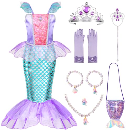 MELAND Mermaid Costume Kids, Princess Costumes for Girls Gift Aged 3-8, Little Mermaid Dress Up for Girls Halloween, Party