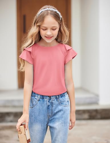 Image of Girls T Shirts Ruffle Short Sleeve Round Neck Loose Blouse Summer Solid Color Casual Girl Tee Tops for 3-12 Years