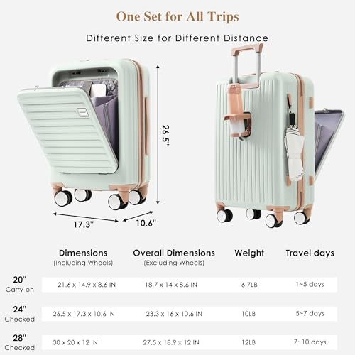 image for Merax Luggage Sets 3 Piece, Hardshell Suit case with Front Pocket Cup 