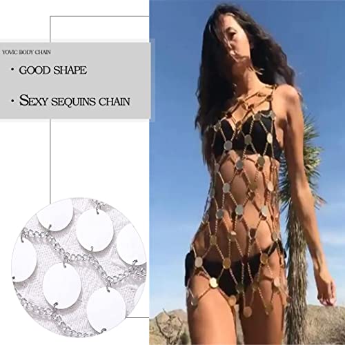Yovic Boho Silver Body Chain Sexy Sequins Bra Chains Bikini Dress Chest Chain Harness Halter Backless Top Rave Nightclub Party Body Jewelry For Women And Girls(D) #TOP3