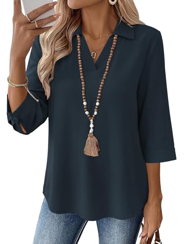 LOMON Collared Ladies Tops and Blouses 3/4 Sleeve V Neck Tops for Women Linen Blouse Dressy Summer Shirts for Women Navy Blue 3XL