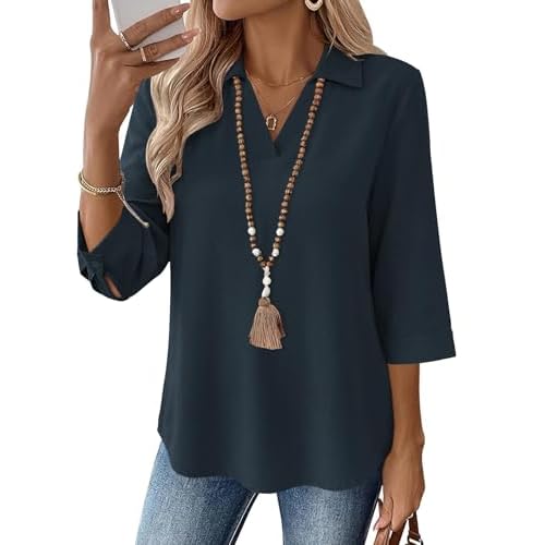LOMON Womens 3/4 Sleeve Tops V Neck Cotton Linen Work Blouse Collared Shirts for Women Business Casual 2026