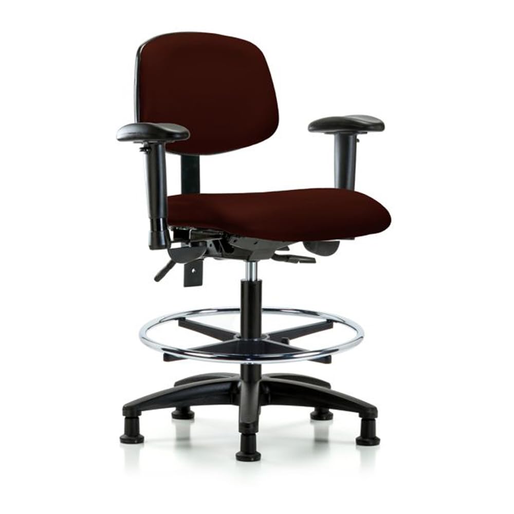 E COM VMBCH-RG-CF-A1-BURGANDY Vinyl Medium Bench Height Chair with Black Nylon Base, With Chrome Foot Ring and No Tilt Seat and 6 Way Adjustable Arms, 21" to 28" Adjustable Height, Burgandy