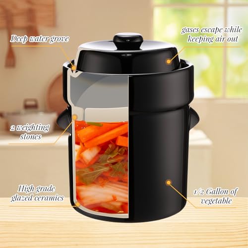 Nuenen 2 Set 1/2 Gallon Fermentation Crock Sauerkraut Crock with Lid Weights & Pounder Ceramic Fermenting Jar Brown Stoneware Pot for Fermenting Pickling Cabbage Sauerkraut Pickles Vegetables - Thumbnail 4