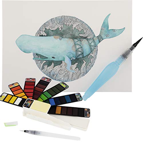 Fan-Pan Portable Watercolor Paint Set - 42 Assorted Colors With 4 Brushes - Professional Artist Grade Foldable Travel Kit With Water Brush For Plein Air, Field & Outdoor Painting For Kids Or Adults #TOP6
