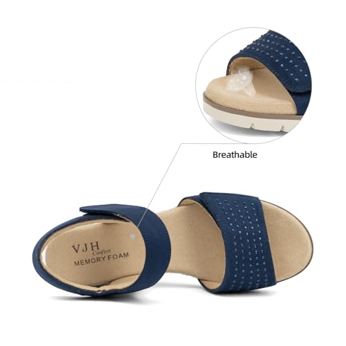 VJH confort Women's Wedge Sandals, Comfort Memory Foam Rhinestone Sandal with Adjustable straps3