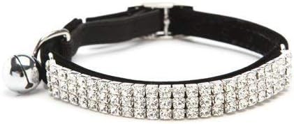 Adjustable Cat Collar Soft Velvet Safe Collars Bling Diamante with Bells for Kitten Puppy(Black+Pink)