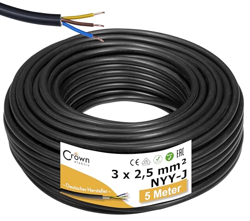 NYY-J 3x2 5mm 5m Erdkabel Länge am Stück | Elektrokabel Ring für Verlegung im Erdreich & Außenbereich | Kupfer Eindrähtig DIN VDE 0276 Teil 603/627 | Deutsche Markenhersteller