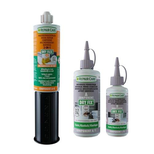 Repair Care Dry Flex® 4 2-in-1 + Dry FIX® UNI Small Set - Elastic Wood Repair Compound, Ideal for Permanent Repair of Decayed and Damaged Wood, Paintable After 4 Hours