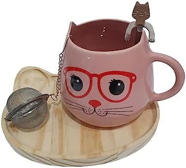 Kit Caneca De Chá Com Infusor E Colher Patinha Gato Gatinho (Rosa...