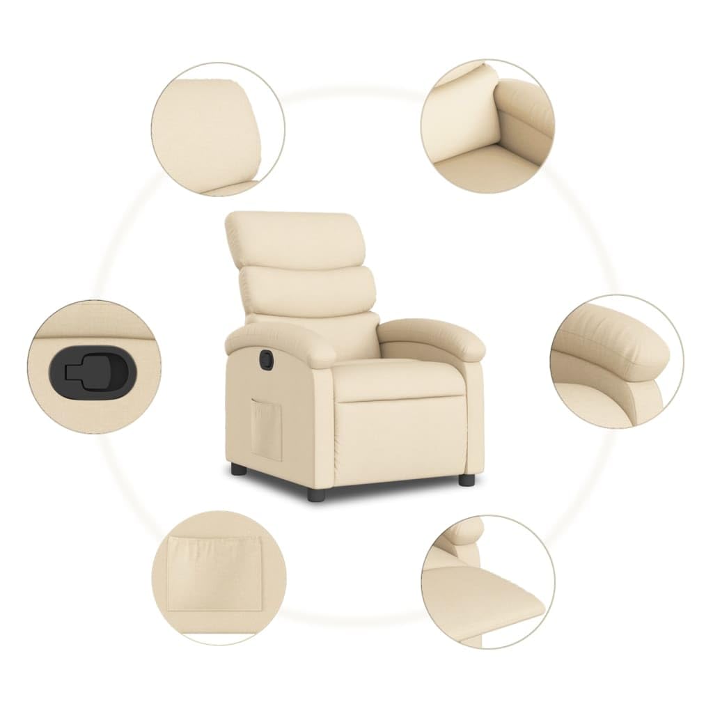 Fotel relaksacyjny w kolorze kremowym z ręczną funkcją leżenia, regulowany do 135 stopni, ergonomiczny fotel tapicerowany z podłokietnikami, drewniana, metalowa rama, do salonu, do czytania