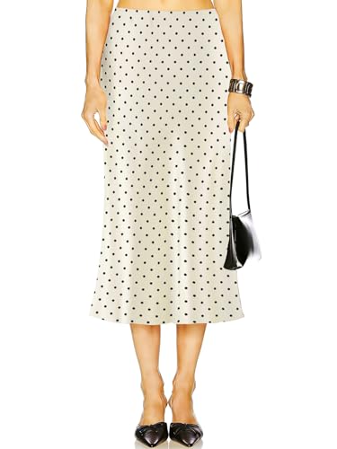 Women's Satin Midi Skirt High Waisted Flowy A Line Silk Skirts | Hidden Elasticized Waistband, Pull On, Bias Cut, Silky, Casual, Elegant Fishtail, Silk Midi Skirts for Women