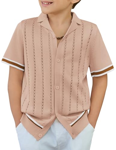 Arshiner Boys Knit Shirts Short Sleeve Button Down Shirt Vintage Fashion Casual Summer Beach Shirts for Kids 4-13 Years Khaki