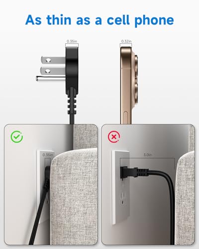 Image of Flat Plug Short Extension Cord 1Ft Low Profile Adapter 3 Prong Indoor Small Grounded Power Cable Outlet Saver 16AWG 13A 1625W Black 2 Pack
