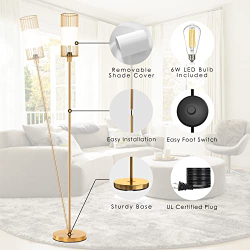 Yomony Floor Lamp With Metal Cage Shade & 6W Led Bulb - Indoor Brass Pole Light To Match Living Room Or Bedroom In Farmhouse, Vintage, Or Rustic Style - Standing, Tall Lighting - Gold #TOP2