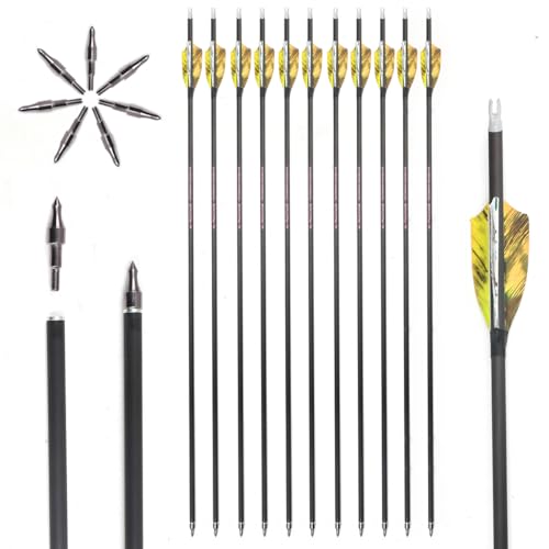 ACCMOS 12 Pezzi Tiro con L'Arco Giallo Scuro Mimetica Piuma Frecce, Spine 300 350 400 500 600 700 ID 6,2 mm Etichetta Oro Asta in Carbonio per Caccia e Pratica di Tiro (31inch, Spine 600)