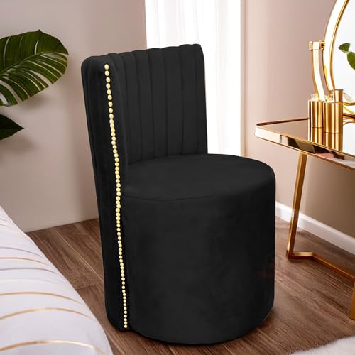 Image of Luxury Velvet Ottoman Chair Pouffe Stool-Modern Round Soft-Padded Chair for Dining Room, Living Room /Cafeteria Seating /Bedroom and Dressing Area /Ottoman with Backrest (Black)