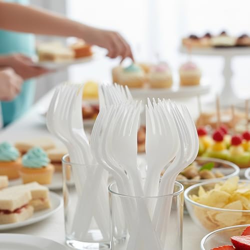 Blue Sky Premium White Plastic Forks Disposable, (100 Ct) Heavy Duty Forks Plastic Disposable, Durable & Elegant for Parties, Catering, Dinners and Daily Use