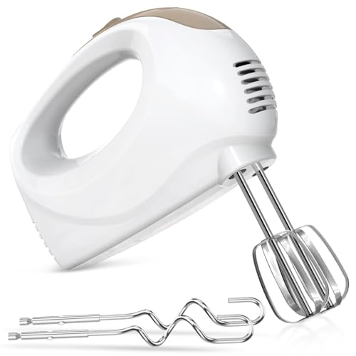 Hand Mixer - 5 Speed Portable Kitchen Mixer Electric Handheld with 5 Stainless Steel Accessories Whisk, Food Beater, ‌Ivory