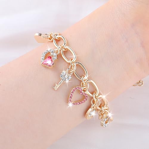 Cute Gold Heart Charm Link Bracelet for Women 14K Gold Plated Rhinetstone Love Heart Lock Key Lucky Clover Chain Bracelet with Dangle Crystal Pendant Adjustable Party Trendy Y2K Jewelry Gift for Women4