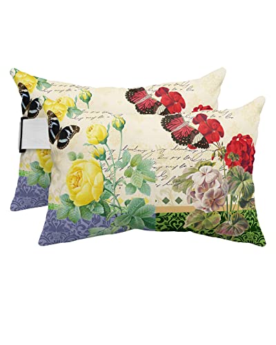 Wohnkutu Watercolor Flowers Outdoor Lumbar Pillow With Insert & Straps, Waterproof Decorative Throw Pillow For Patio, Retro Ethnic Pattern Butterfly Botanical Head Rest Pillow For Chair, 2 Pack #TOP29