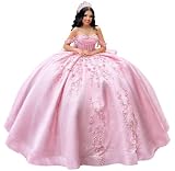 KPDFIF Sparkly Tulle Quinceanera Dresses Pink Lace Applique Sweet 16 Dresses with Train Beaded Off Shoulder Ball Gown Size 00