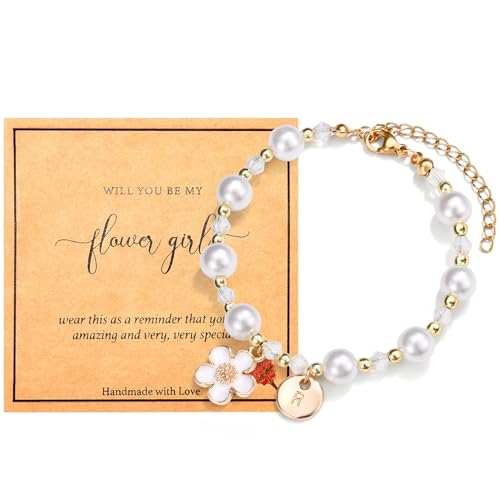 Image of CERSLIMO Flower Girl Proposal Gifts - Initial Letter ABC to XYZ Pearl Bracelet with Beautiful Charm, Will You Be My Flower Girl Gift for Teens Little Girls Kids Child, R