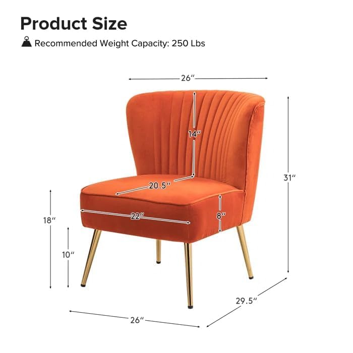 Image of Modern Upholstered Accent Velvet Chair Single Seater Channel Tufted Wing Back Chair with Golden Matel Legs for Living Room, Bedroom, Dining Room, Orange
