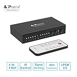 【Matriz de audio óptica 4x2】4 entradas y 2 salidas para audio óptico / SPDIF / TOSLink; Una matriz verdadera para cualquier entrada a cualquier salida: Las dos salidas comparten la misma entrada o provienen de dos entradas diferentes. tales como cine en casa, amplificador, altavoz. Soporte de señalización de la señal. soporta la última memoria de estado de trabajo cuando se apaga.