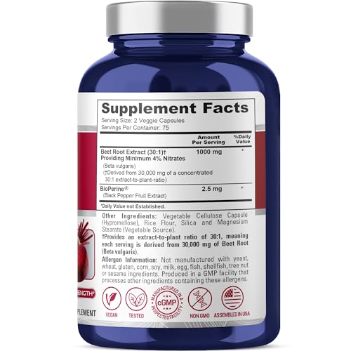 NusaPure Beet Root 30:1 Extract, 1000 mg Equivalent to 30,000 mg 150 Veggie caps (Vegan, Non-GMO & Vegan 4% Nitrates) Bioperine