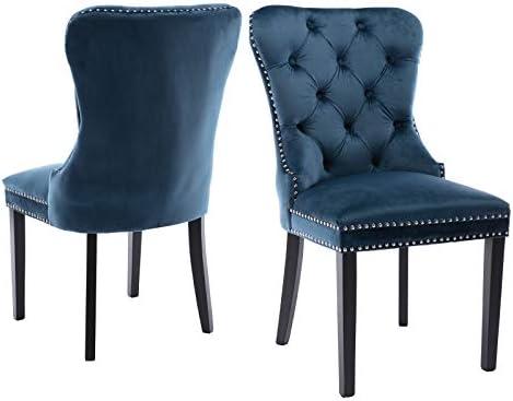 Kmax Velvet Elegant Upholstered Dining Chairs, Fabric Armless Accent Chair Set of 2 - Indigo Blue