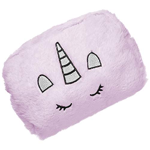 HUGMO Fuzzy Embroidery Unicorn Travel Makeup Pouch, Large Capacity Toiletry Bag Fits Essentials for Women and Girls (Purple)
