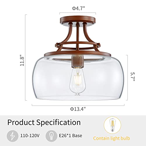 Wuzups Chandelier Rustic Farmhouse Industrial Round Semi-Flushmount Ceiling Led Light Fixture Clear Glass Shades For Bathroom Kitchen Foyer Entryway, H 11.8" X W 13.4", E26 Base, Imitation Wood Grain #TOP1