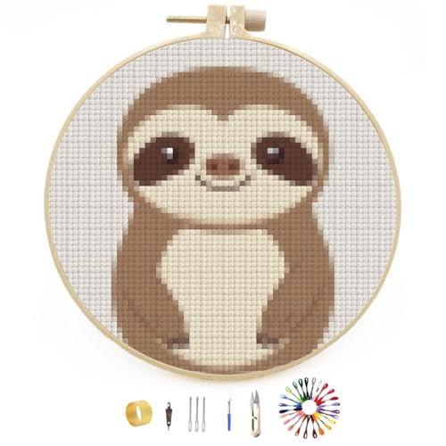 Generic Easy Stamped A Cute Cartoon Sloth Cross Stitch Kit for Beginners with Hoop Simple Patterns 11CT Counted Embroidery Needlepoint Crafts Arts for DIY Enthusiasts and Home Decor 22x22cm