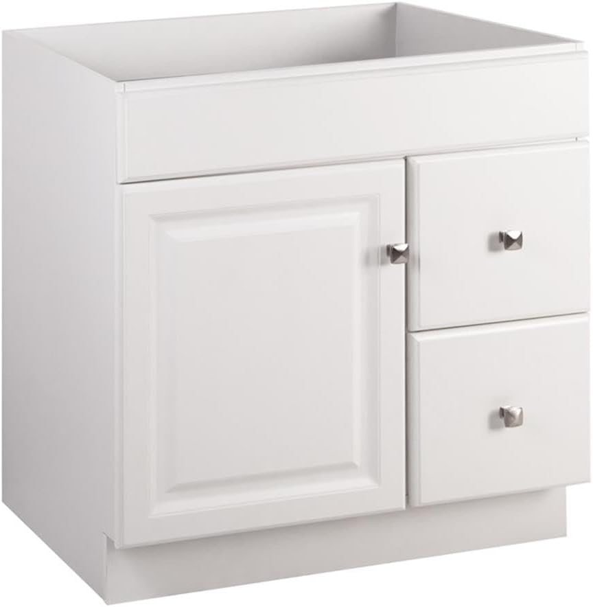 Pemberly Row 30-Inch Wood Bathroom Vanity Without Top, White Finish, 2-Drawer Storage Cabinet, Satin Nickel Hardware, Modern Traditional Style, Compact Design for Small Bathroom