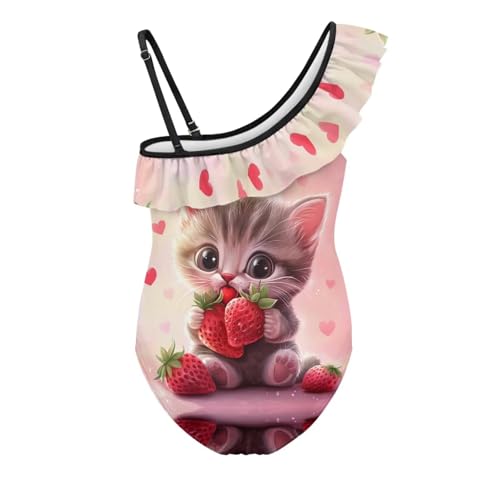 Image of Ladybug Swimsuits for Girls 5-14 One Piece Bathing Suit Kids One Ruffle Shoulder Beach Sport Swimwear