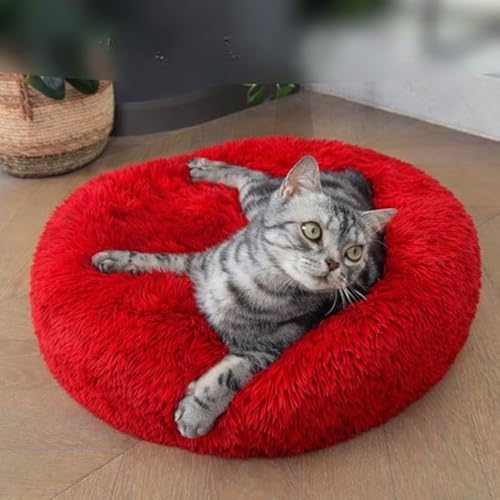 Image of ZEXSAZONE Red Plush Dog Bed Summer - Anti-Anxiety Round Donut Pet Bed with Raised Edges | Soft Faux Fur Calming Bed for Puppies, Cats & Small Dogs | Machine Washable