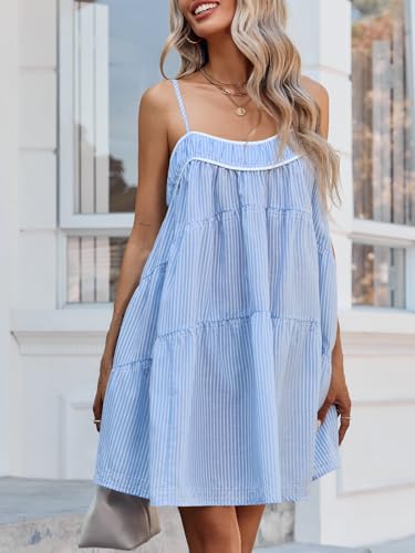 Image of Wenrine Womens Striped Mini Dress Oversized Spaghetti Strap Casual Sleeveless Ruffle Tiered Beach A Line Dress Blue