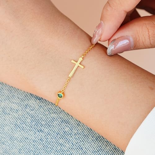 Birthstone Cross Bracelet for Women – Christian Gifts Birthday Gifts for Women, Baptism Gifts for Women, 18K Gold Plated, 5A Zirconia, Triple-Layered Finish, Size 6-8 ''3