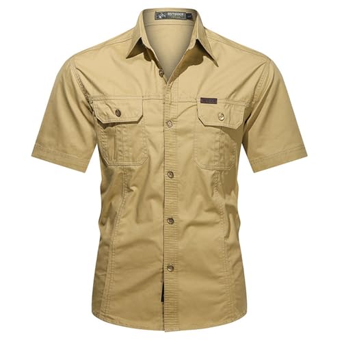 Image of Army Style Shirt for Men UK Solid Color Tactical Shirt Regular Fit Breathable Short Sleeve Shirts Comfy Banded Collar Button Down Shirts with Chest Pockets Soft Stretch Lightweight Top Khaki