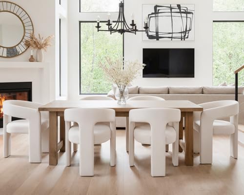 Image of HNY Modern Barrel Kitchen & Dining Room Chairs Set of 6, Linen Upholstered Accent Chairs with Arm, 18.5'' Wide Side Armchair Vanity Chairs for Living Room Bedroom Makeup Small Spaces, Ivory