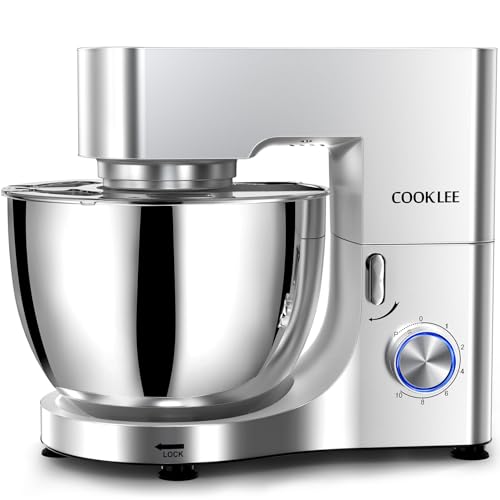 COOKLEE Stand Mixer, 9.5 Qt. 660W 10-Speed Electric Kitchen Mixer with Dishwasher-Safe Dough Hooks, Flat Beaters, Wire Whip & Pouring Shield Attachments for Most Home Cooks, Silver