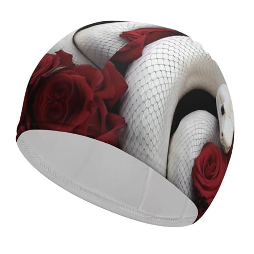 Snake Red Rose Printed Swim Cap High Elasticity Swimming Hats Fit Both Long and Short Hair for Adult